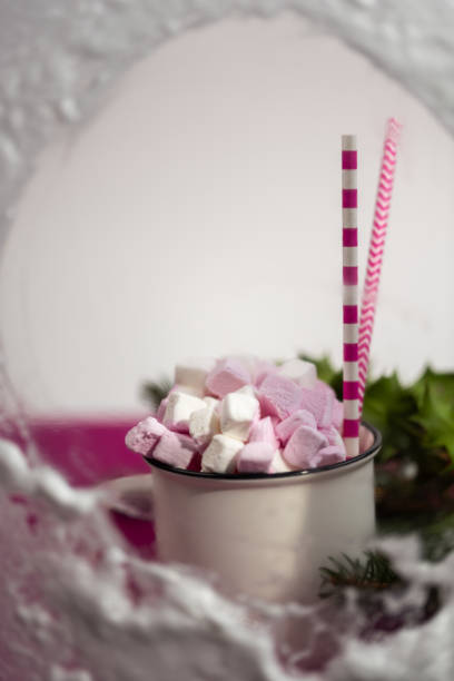 istock Cappuccino with marshmallow in mug and fir-tree branches on white table 1829074241