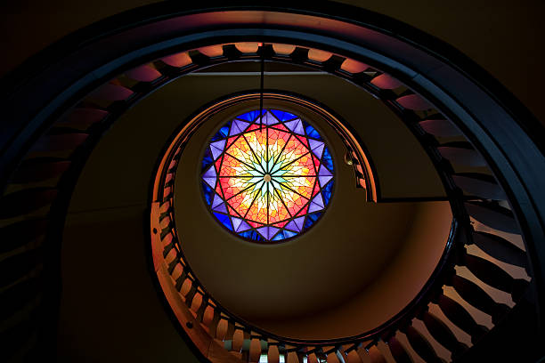 istock Art nouveau spiral staircase mosaic window 182907677