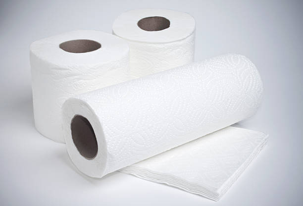 Rolls of toilet paper, paper towels and napkins in white Close up shot of toilet papers, table napkins and paper towel together.  paper towel photos stock pictures, royalty-free photos & images