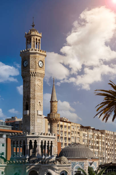 The historical clock tower in Izmir Konak square.