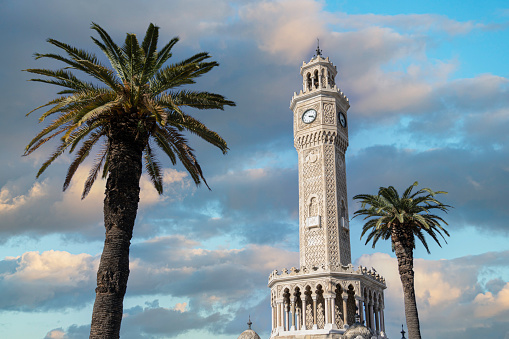 The historical clock tower in Izmir Konak square.