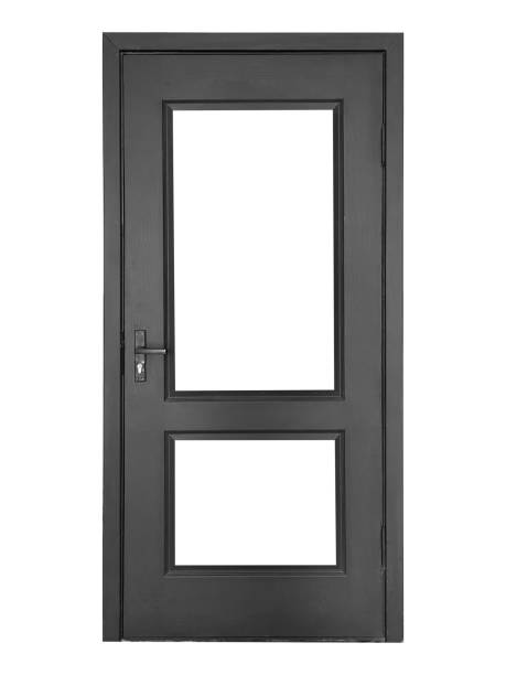 istock Dark wooden door with windows is isolated on white background. 1829080091