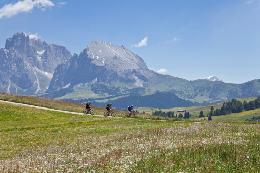 Three male mountainbiker on a short downhill passage at Alpe di Siusi (ger.: Seiser Alm). This area is the largest high altitude (between 1.680 mt