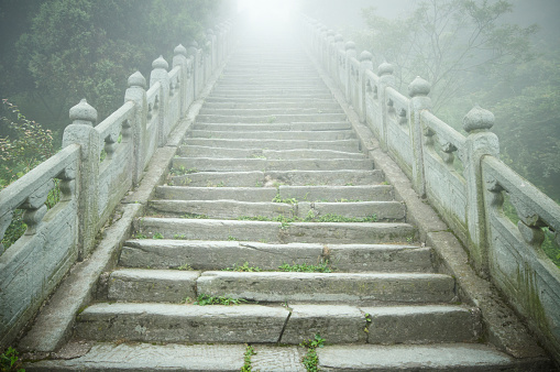 Stairs to Old Temple in Wudangshan mountains. China.