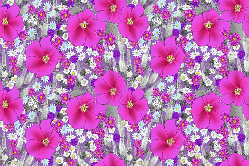 Seamless floral pattern with large purple flowers and various small ones.