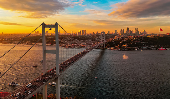 July 15 bridge. Istanbul Bosphorus Bridge, Bosphorus Bridge at sunset time