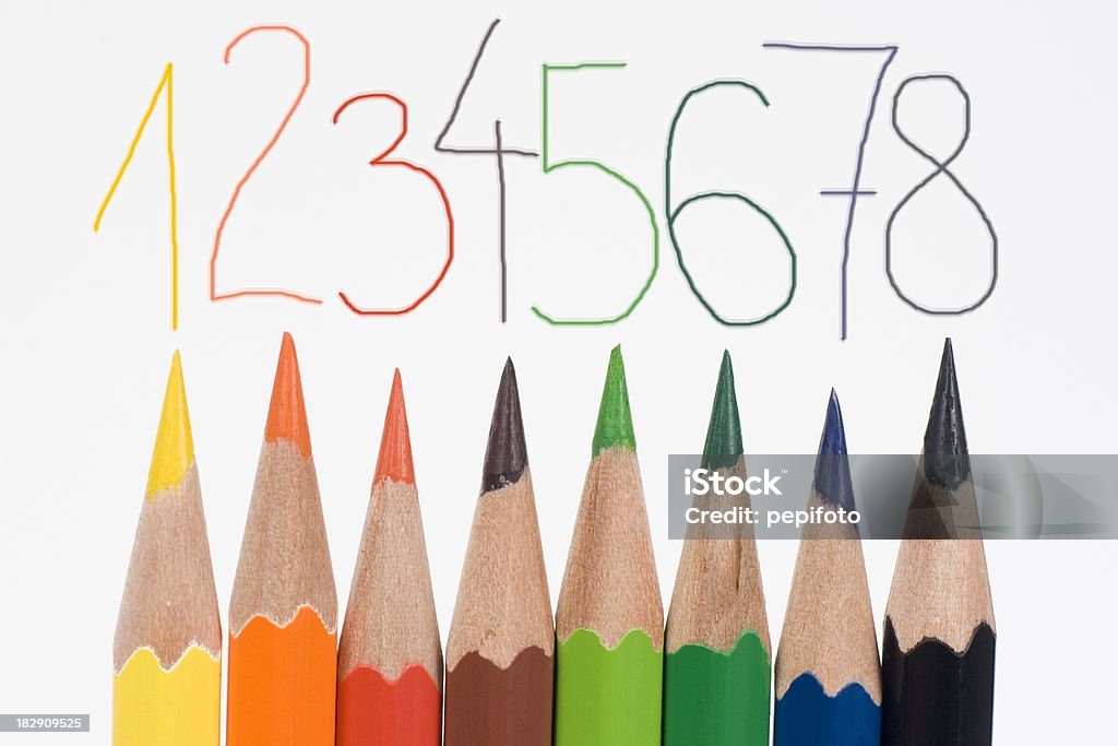 colored pencils and numbers colored pencils and numbers  isolated on white background Above Stock Photo