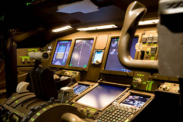 cabina di pilotaggio di notte - cockpit airplane autopilot dashboard foto e immagini stock