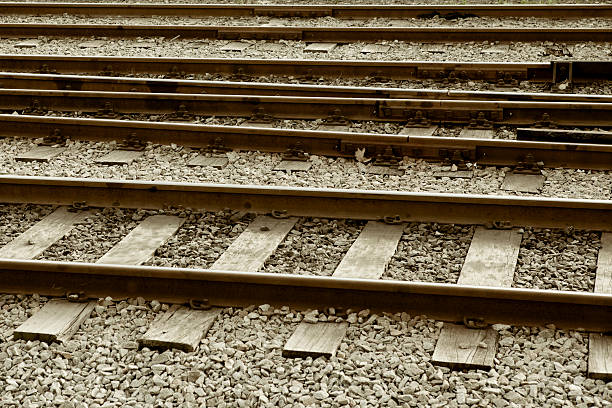 Old forest railway track with rusty rails going into the distance, sepia tone