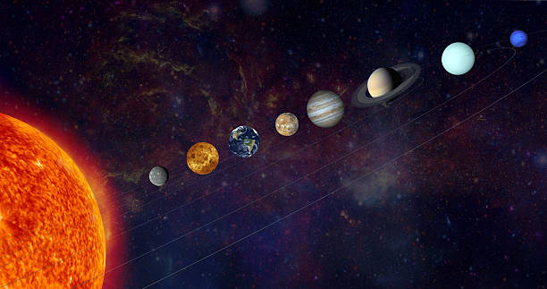 The solar system in a line Solar System. Real textures for planets get from http://www.nasa.gov/ venus planet stock pictures, royalty-free photos & images