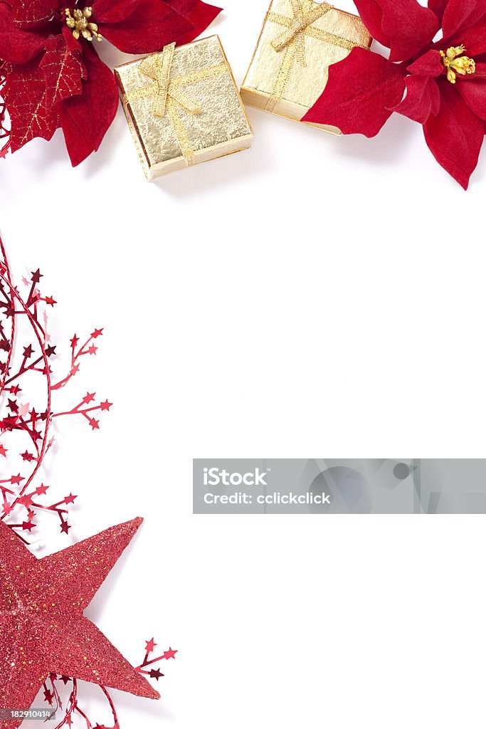 Christmas Card Christmas Card with gift boxes and Christmas ornaments. Copy Space. Christmas Stock Photo