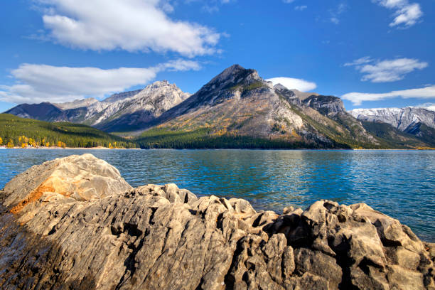 A low angle perspective of the beautiful Lake  Lake Minnewanka in Banff National Park, Alberta