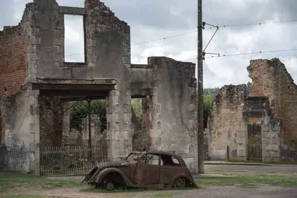 Detail of the Peugeot 202 burned in the village of Oradour Sur Glane during the Second World War and the Nazi invasion of France