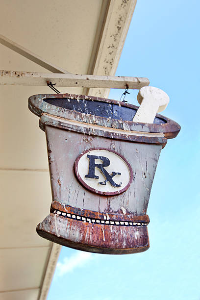 Old pharmacy sign in the shape of a mortar and pestle.