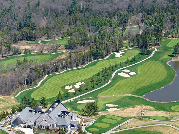 An aerial view of a golfcourse