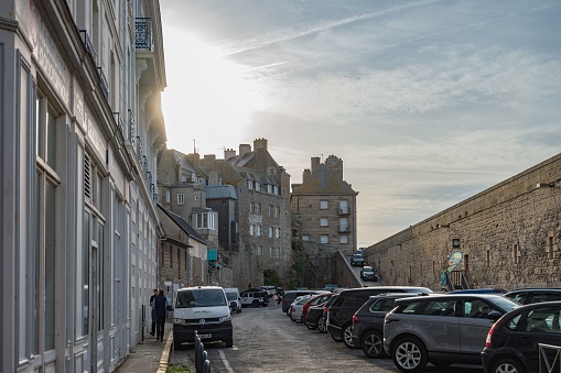 Saint-Malo, France – October 11, 2023: Detail of one of the day-to-day streets of the fortified town of Saint Malo
