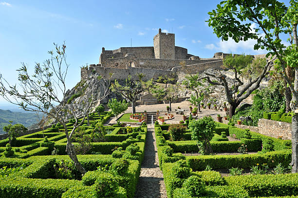 Castle of Marvão and topiary gardens stock photo
