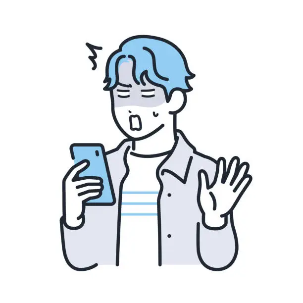 Vector illustration of A simple vector illustration of a young man in casual clothes who is shocked when he looks at his smartphone