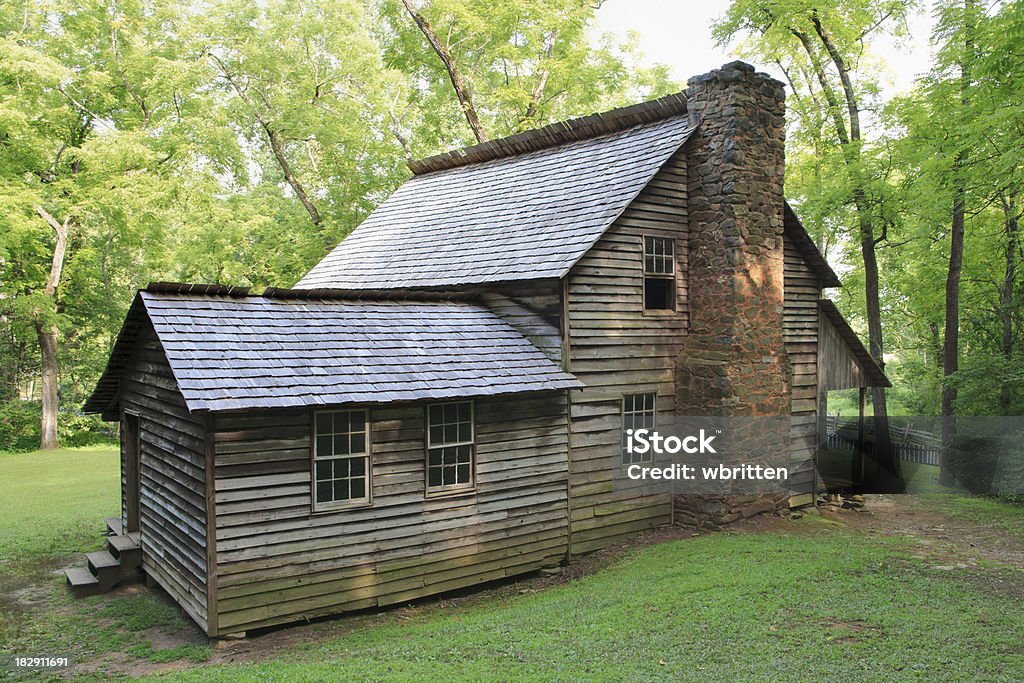 Pioneer Cabin in the Smoky Mountains "Homestead in Cades Cove, in the Great Smoky Mountains." Chimney Stock Photo