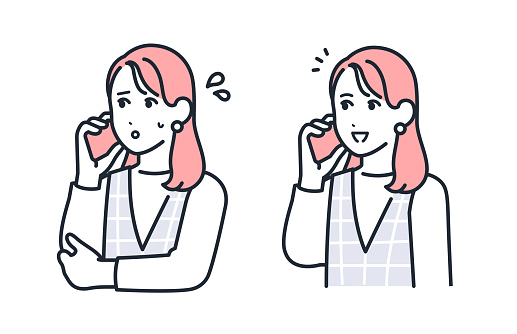 Simple vector illustration set material of a stylish young woman talking on a smartphone