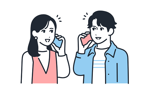 Simple vector illustration set material of a young couple talking on a smartphone