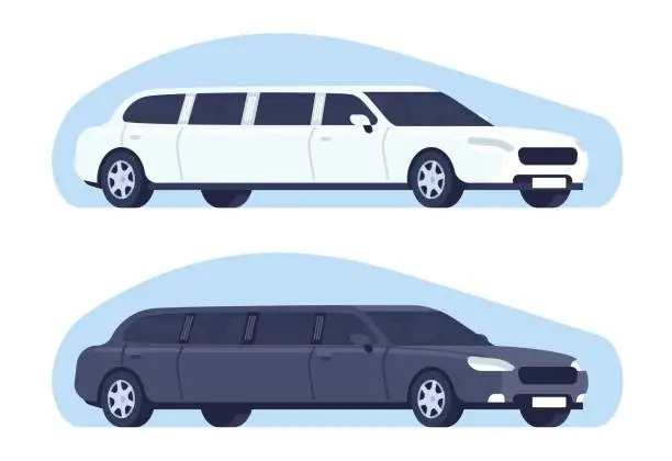 Vector illustration of White and black limousines. Luxurious automobiles. Cars driving. Auto transportation. Expensive long vehicles for celebrity. VIP transports. Wedding carsharing dealership. Vector concept