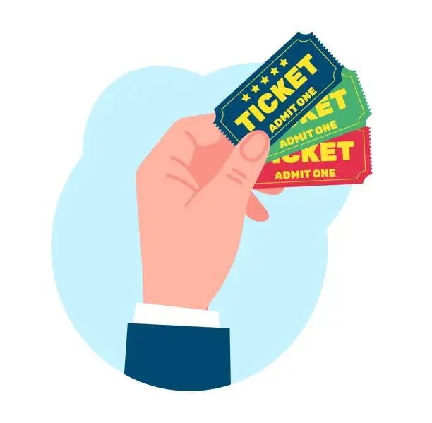 Vector illustration of Hand holds three tickets. Cinema and theater admission. Festival entertainment. VIP show invitation. Lottery raffle paper. Premiere access. Party pass. Performance entry. Vector concept
