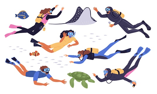 Diving people. Scuba divers with gear and balloons. Underwater swimming. Cartoon frogman. Marine animals. Ocean stingray and turtle. Sea fish. Man or woman with snorkeling masks. Garish vector set