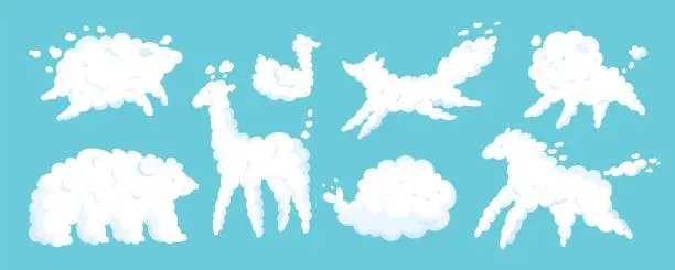 Vector illustration of Cute animal shaped clouds. Zoomorphic cumulus in blue sky. Atmospheric fluffy forms. Kids dreams and imagination. Pony and sheep. Cloudy mammals. Garish vector cloudscape elements set