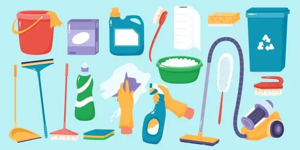 Vector illustration of Cleaning supplies. Housekeeping equipment. Chemical detergents. Spray bottle. Washing tools. Bucket and mop. Soap foam. Household accessories for sanitation and hygiene. Recent vector set