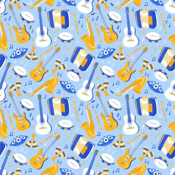 Vector illustration of Cartoon musical instruments seamless pattern. Acoustic and electric guitars. Repeated print. Drums and accordions. Orchestra concert. Maracas, cello and saxophone. Recent vector background