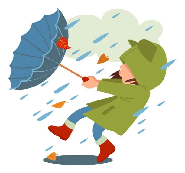 Vector illustration of Autumn kid. Rainy October weather. Girl with umbrella. Rain and wind. Child in waterproof outerwear. Teenager walking through puddles. Autumnal downpour. Falling raindrops. Vector concept