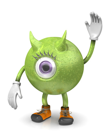 Green monster character waving at the camera isolated on a white background.Could be useful image in a monster composition.This is a detailed 3d rendering.