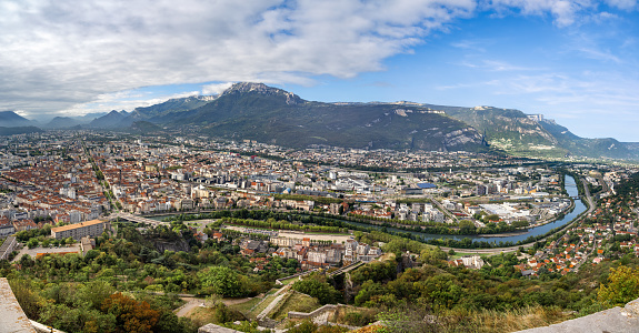 Scenic aerial panoramic view of Grenoble city, Auvergne-Rhone-Alpes region, France.