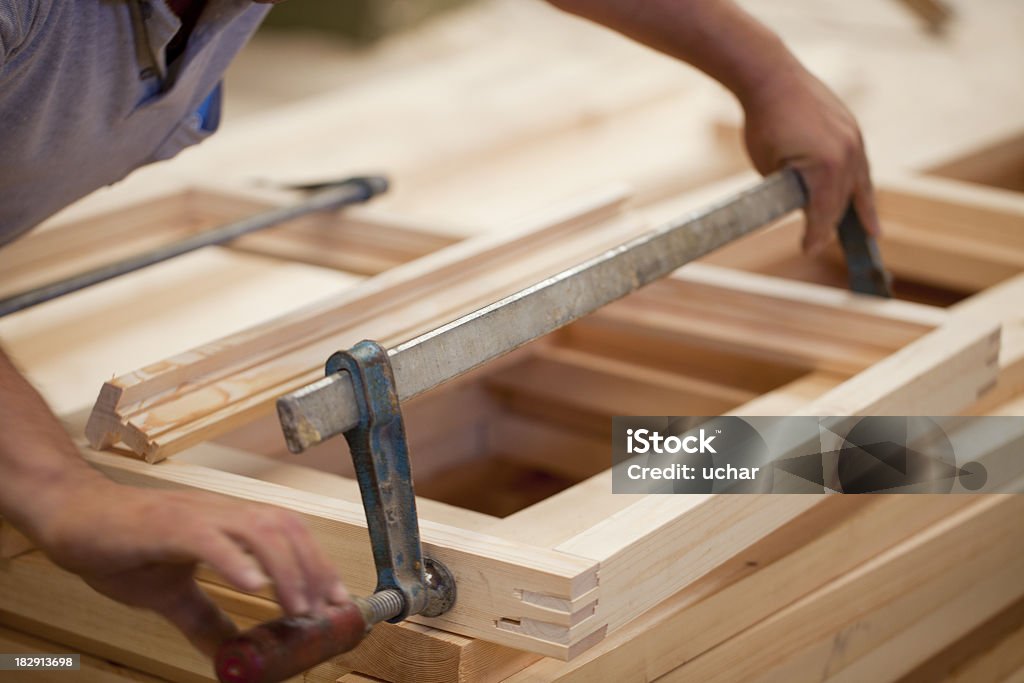 Carpenter constructing window frame Carpenting Adult Stock Photo Carpenter constructing window frame Carpenting Adult Stock Photo