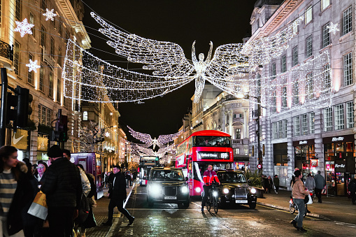 Regent Street & Oxford Circus, London, United Kingdom - November 22nd, 2023: Christmas Floating Angel Festive Period Glow Regent Street in the City of Westminster, London. Regent Street. West End, Westminster, London, W1B.