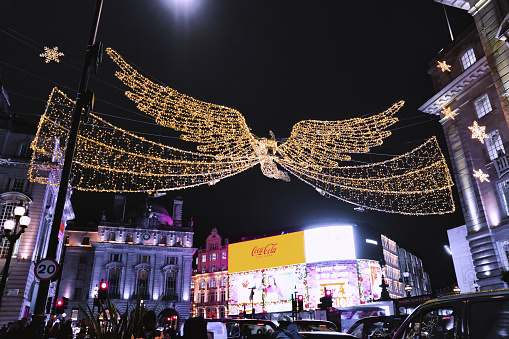 Regent Street & Oxford Circus, London, United Kingdom - November 22nd, 2023: London's most popular tourist destination. Christmas Floating Angel Festive Period Glow Regent Street in the City of Westminster, London. Captured near Piccadilly, Leicester Square, and Shaftesbury Avenue.