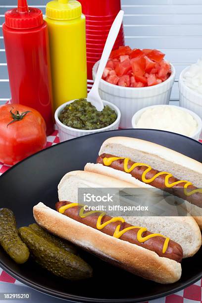 Perros Calientes En Un Picnic Foto de stock y más banco de imágenes de Cebolla - Cebolla, Color - Tipo de imagen, Comida no saludable