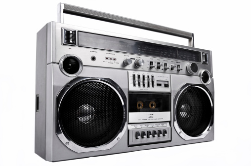1980s Silver radio boom box with isolated on white.