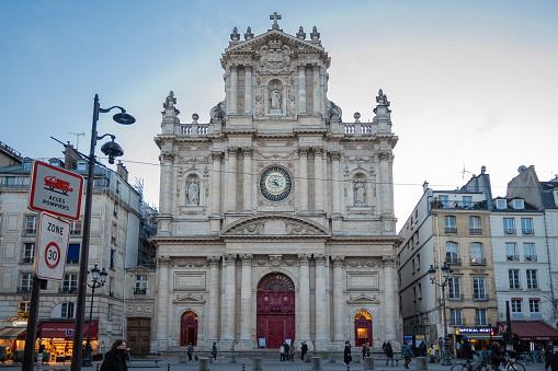 Paris, France, 3th of December 2023, Cityscape of Marais neighborhood with Eglise Saint Paul Saint Louis,