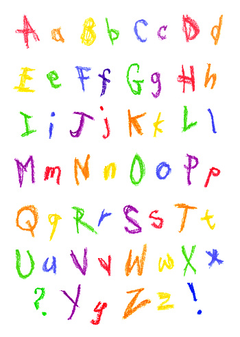 Crayon alphabet in a child's handwriting.
