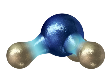 A ball and stick model of ammonia. A pungent gas. It is used in a solution of water as a household cleaner as well as in the production of pharmaceuticals and fertilizers.Isolated on white.