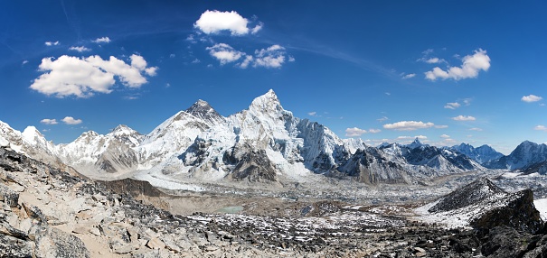 Mount Everest, himalaya, panoramic view from Kala Patthar of himalayas mountains with beautiful clouds sky and Khumbu Glacier, way to Everest base camp, Khumbu valley, Sagarmatha national park, Nepal