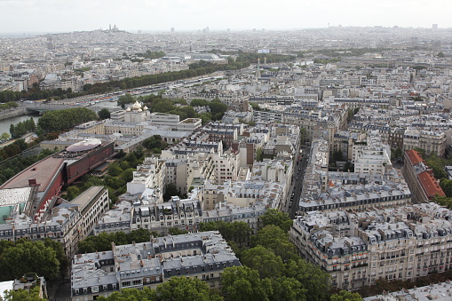Aerial view of Paris with its typical buildings. Paris is a global center for art, fashion, gastronomy and culture.