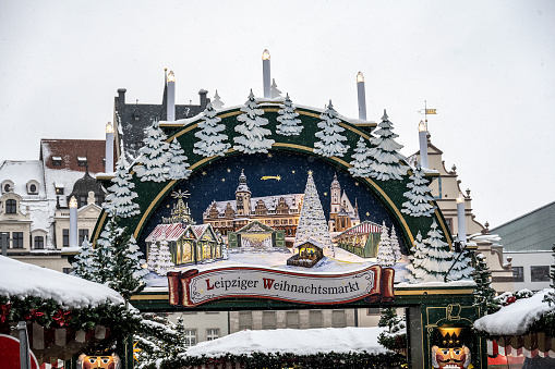 Leipzig, December 3, 2023.\nLeipzig's main Christmas market is located on MarktPlatz in the old town. It is also considered the second oldest Christmas market in Germany, having been held since 1458. \nMarket entrance sign.
