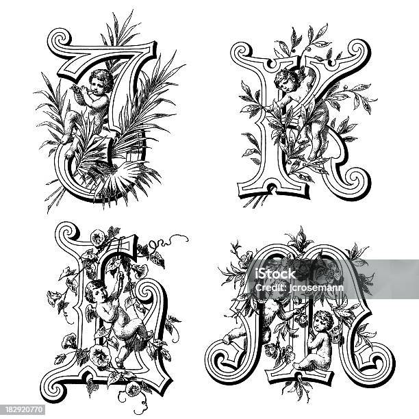 이니셜 함께 천사의 알파벳에 대한 스톡 벡터 아트 및 기타 이미지 - 알파벳, 19세기, 19세기 스타일