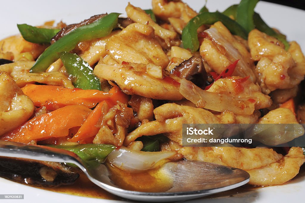 Fried fish with green chili close-up Asia Stock Photo