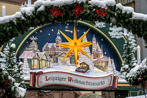 Leipzig, December 3, 2023.\nLeipzig's main Christmas market is located on MarktPlatz in the old town. It is also considered the second oldest Christmas market in Germany, having been held since 1458. \nHermhut stars on decorations at the Leipzig Christmas market.