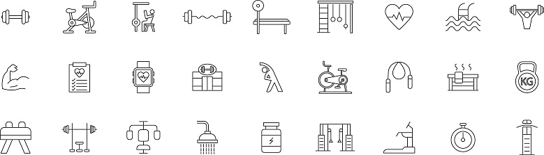 Gym line icons set, Exercise equipment icons, Set of Fitness, Gym and Healthy Lifestyle Related Line Icons