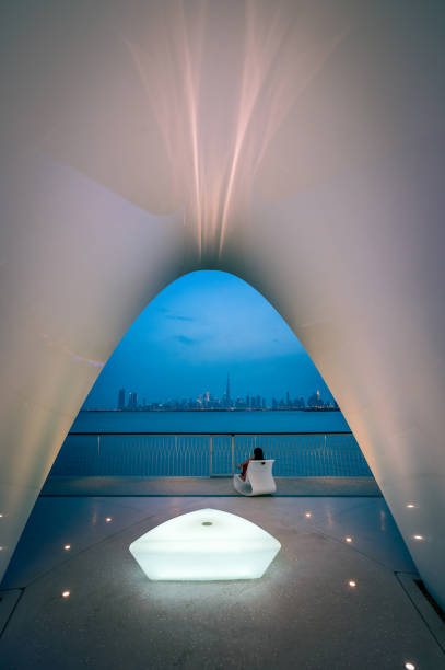 istock Captivating dusk: Woman admiring Dubai skyline from Creek Harbour 1829213861